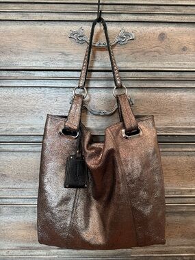 B Makowsky Leather Lg. Metallic Bronze Shldr/ToteBag, Silver Stud Accents *Rare